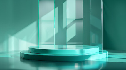 Podium background 3d modern minimalist design in soft turquoise tones and geometric shapes in an interior space with soft sunlight for display or presentation product in a glass circular platform