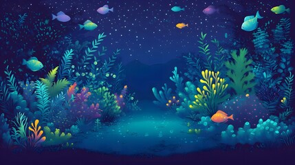 Fototapeta premium Vibrant underwater scene featuring colorful fish swimming among lush aquatic plants at night