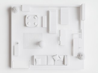 Top-down view of a minimalist white living room model, showing furniture arrangement