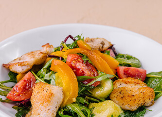 Grilled chicken salad on white plate