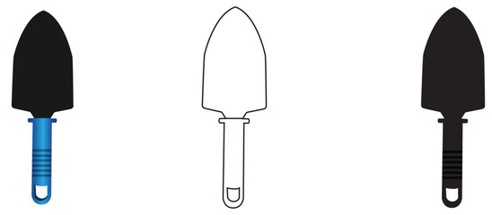 garden shovel silhouette icon with three models,colored icon,outline or sketch and silhouette,garden equipment,symbol,vector illustration on white background. © gavin
