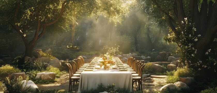 whimsical wedding table in a garden or backyard