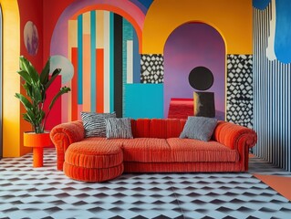 eclectic living room with  maximalist interior design with a vibrant color sofa, colorful artwork, and patterned rug