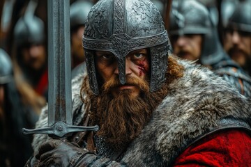 Men in armor prepare for battle during a historical reenactment event in a forested area at dusk