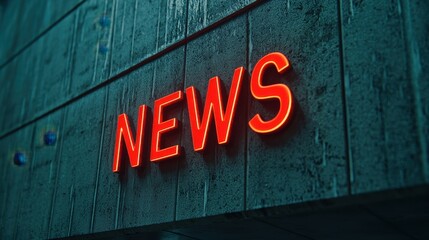 Neon News Sign Illuminated on a Dark Urban Wall at Night
