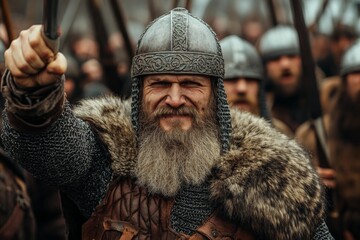 Viking warriors prepare for battle in a dramatic historical reenactment at a medieval festival