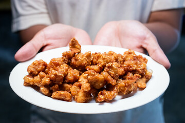 Fried Chicken Tendons in white plate.