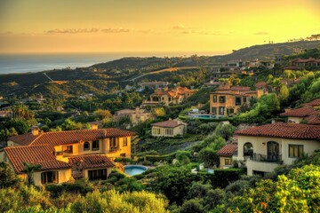 Obraz premium Newport Coast Luxury Home with Pool on Hill Overlooking Crystal Cove at Sunset