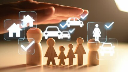 Family insurance protection concept, wooden figurines under hand with icons of house, car, and health. Financial security, life coverage and safety planning for risk management and investment