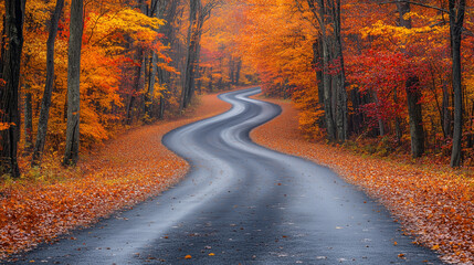 Winding road through vibrant autumn foliage in a forest during peak fall colors in the early morning light
