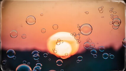 Tranquil background with bubbles floating in the sunset. Image toned in vintage instagram colors. Square composition.
