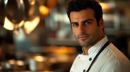 Fototapeta premium Confident Male Chef in Modern Kitchen Setting, Focused and Looking at Camera, Professional Cooking Environment with Kitchen Utensils in Background