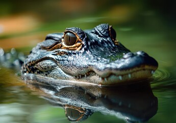 Fototapeta premium Close-up of a Gliding Alligator in Calm Water with Bubbles, Showcasing Its Textured Skin and Piercing Eyes in a Natural Habitat Environment
