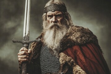 Obraz premium Warrior with sword wearing fur cape stands strong against dark clouds in a dramatic backdrop