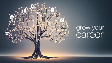 Career Growth Illustration: An innovative illustration depicts a tree composed of circuit board elements, symbolizing the growth of a career with icons suggesting knowledge, connection.