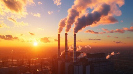 Fototapeta premium Industrial factory with smoke emissions and machinery in a production environment during daytime