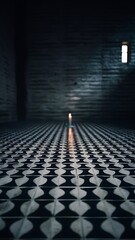 Dark room with tile floor and brick wall background