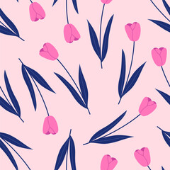 Bright seamless pattern with spring tulips on a pink background. Hand drawn vector illustration for wrapping paper, textile, fabric.