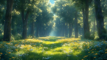 Obraz premium Sunlit path through flowering forest, summer
