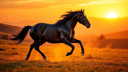 horse running in the sunset (golden hour)	