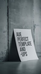 Blank White Paper Poster Leaning on Grunge Gray Studio Room Wall as Copy Space for Design and Template Mock up for Adding Your Text.