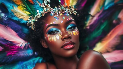 Naklejka premium Woman adorned in vibrant carnival headdress and makeup