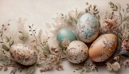 Obraz premium Soft watercolor Easter design with painted eggs, pastel floral patterns, and gentle, muted tones.