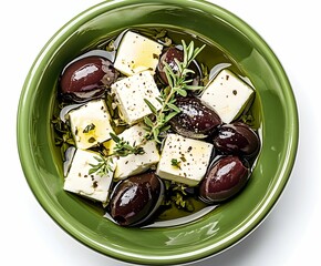 Fresh olives and feta cheese marinated in olive oil and herbs in a green bowl on a white background