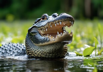 Obraz premium Close-Up of a Large Alligator in Its Natural Habitat Surrounded by Lush Greenery and Water Reflecting Sunlight