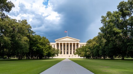 Neoclassical government building with columns and flag under cloudy sky.