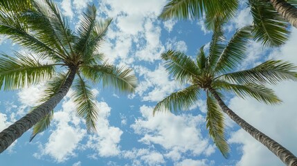 Tropical Paradise Palm Trees Against a Blue Sky with Fluffy Clouds