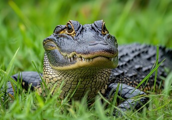 Fototapeta premium Close-Up of a Large Alligator Laying in Lush Green Grass Revealing Its Sharp Teeth and Unique Scales in a Natural Environment
