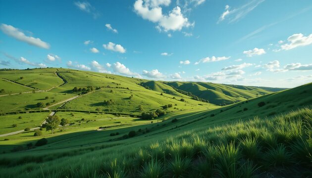 Lush Green Hills Under a Clear Blue Sky.