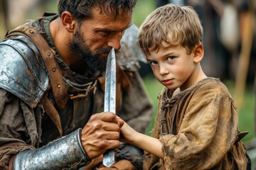 Warrior mentor teaches young apprentice about honor and courage in an outdoor training setting