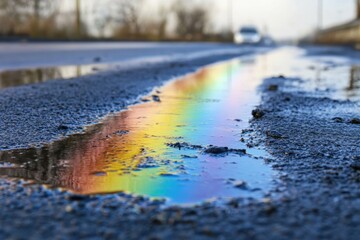 Fototapeta premium Oil Slick Rainbow Spill in Water. Pollution and Environment Concept Background