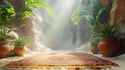 Sunlit cave passage with rug and plants