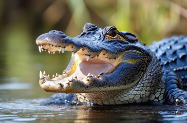Obraz premium Close-up of a Large Alligator with Open Mouth Displaying Sharp Teeth in Wetland Habitat During Sunny Day, Capturing Wildlife in Natural Environment