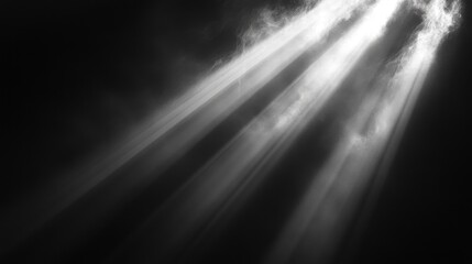 Soft beams of light emerge from a darkened environment, illuminating swirling mist and casting an ethereal glow. The interplay of light and shadow creates a sense of mystery