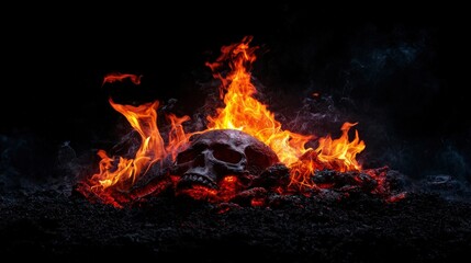 A burning skull sits atop hot ashes with dancing flames