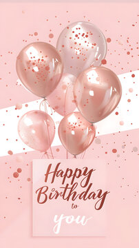 Pink gift box with elegant rose gold balloons featuring the text Happy Birthday, perfect for a stylish party celebration.
