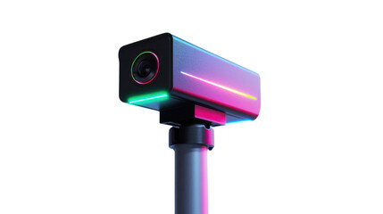 Modern security camera with neon lights on transparent background