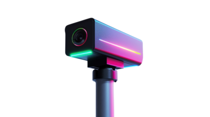 Modern security camera with neon lights on transparent background