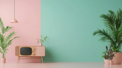 Modern Interior Design with Plant Decor and Vintage Television Set