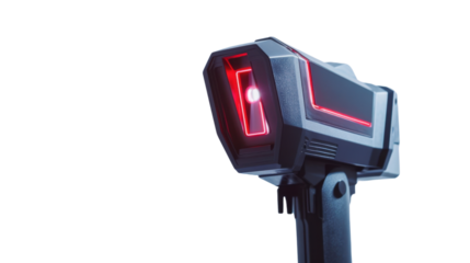 Speed gun emitting red laser beam, on transparent background
