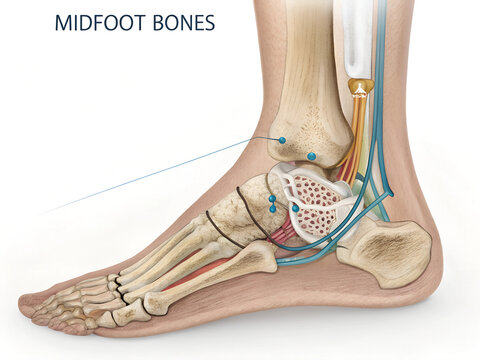 An illustration of midfoot bones with associated nerves and blood vessels