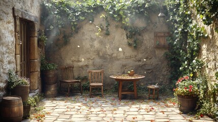 Sunlit Courtyard with Wooden Furniture