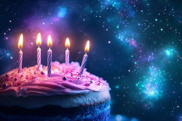 Dreamlike cosmic birthday scene with glowing elements
