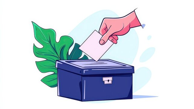 A hand casting a ballot into a blue voting box