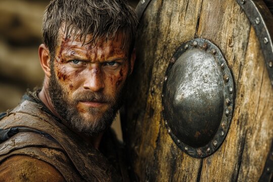 Fierce warrior stands ready for battle with shield, showcasing determination and strength during ancient conflict