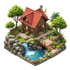 Charming Rustic Cottage with Lush Garden and Waterfall in a Serene Forest Setting